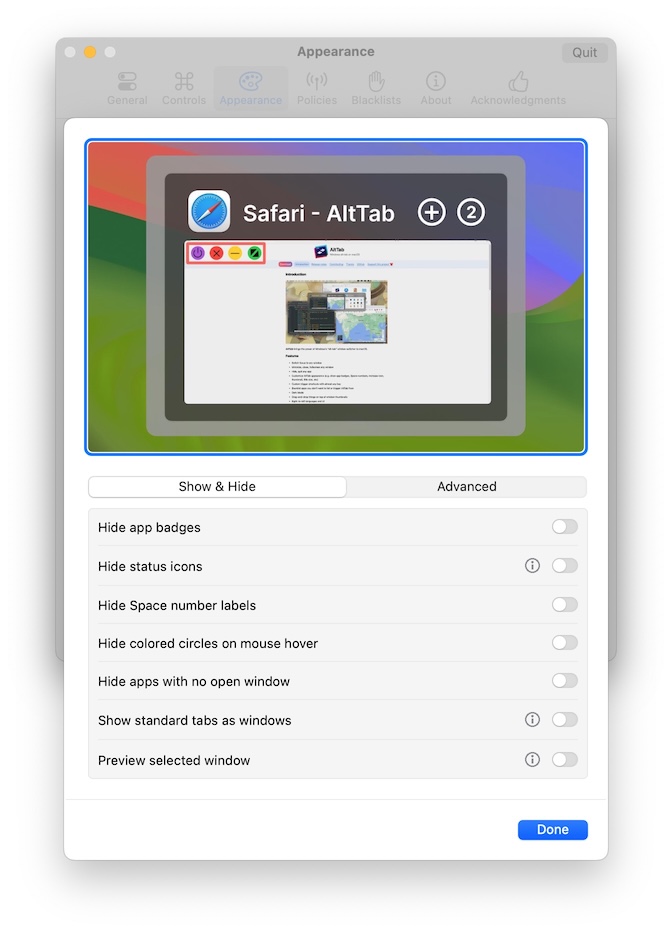 Screenshot: Appearance preferences (details)