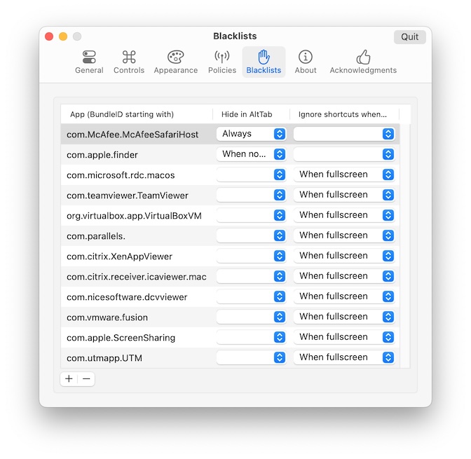 Screenshot: Blacklist preferences