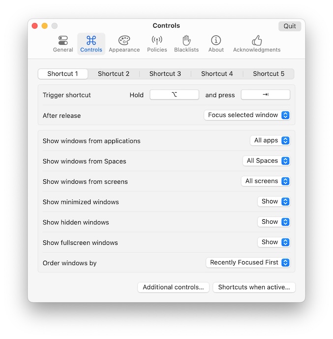 Screenshot: Controls preferences
